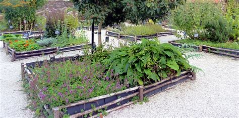 Illustration d'un jardin médiéval clos avec des plates-bandes rectangulaires et des bordures en plessis