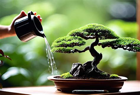 Main versant de l'eau dans un pot de bonsaï ficus