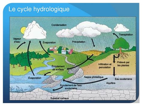 Diagramme du cycle hydrologique montrant l'évaporation, la condensation et les précipitations sur un bassin