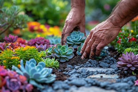 Jardin avec différentes succulentes et un couvre-sol adapté