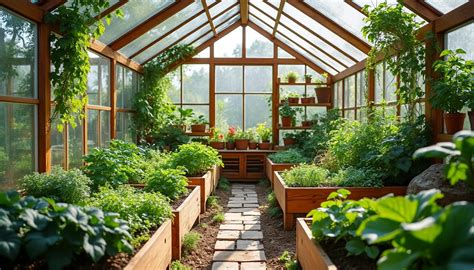 Serre de permaculture avec diverses plantes cultivées