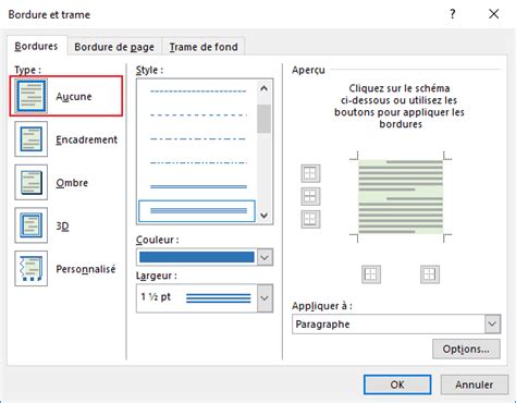 Options de bordure de paragraphe