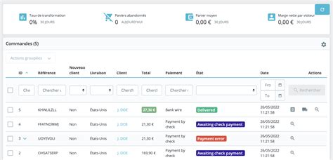 Interface de site web pour la commande de pièces