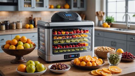 Un déshydrateur Nesco en plein fonctionnement avec des plateaux remplis de fruits tranchés