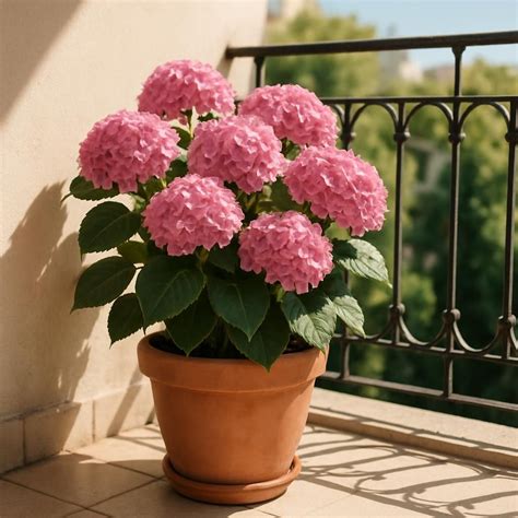 Hortensia en pot sur une terrasse fleurie