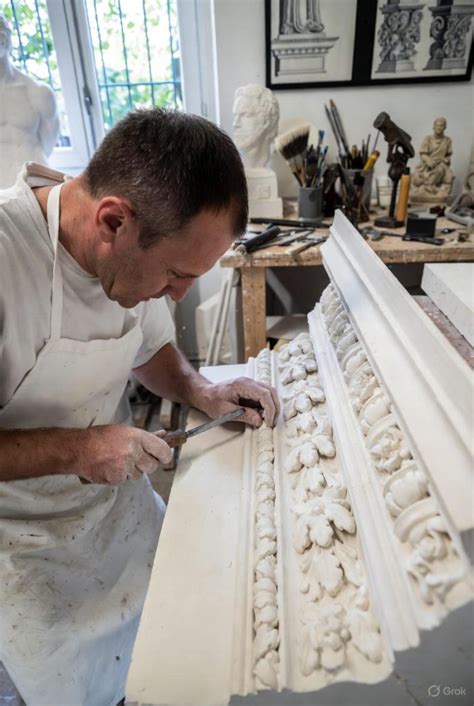 Un sculpteur ornemaniste travaillant sur un détail architectural en pierre