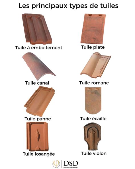 Illustration de divers types de tuiles en terre cuite sur un toit