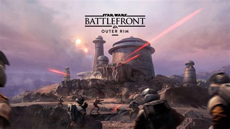 Illustration principale de l'extension Bordure Extérieure. Un coucher de deux soleils illumine le palais de Jabba sur Tatooine, alors que des soldats rebelles lancent leur assaut.