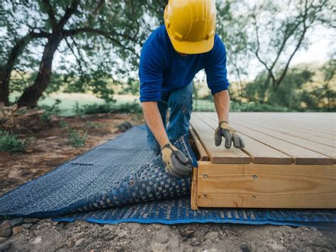Schéma illustrant la pose d'un géotextile sous une structure de terrasse pour bloquer la végétation
