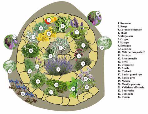 Illustration d'un jardin luxuriant de plantes aromatiques et médicinales