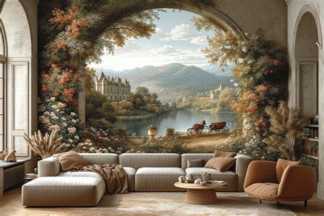 une vue d'ensemble d'un salon décoré avec un papier peint panoramique représentant un mur de lierre luxuriant