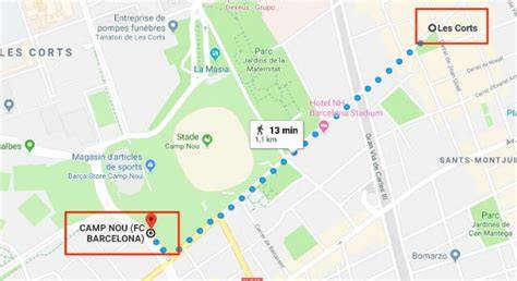 Carte des accès au stade Camp Nou et stations de métro environnantes