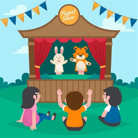 Une illustration montrant des enfants regardant un spectacle de marionnettes dans un parc