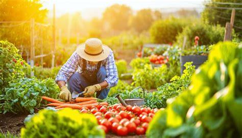 Vue panoramique d'un champ maraîcher avec des rangées de légumes colorés