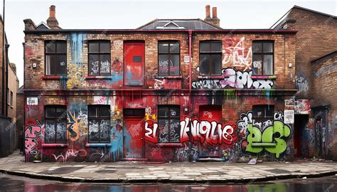 Un plan large montrant une rue bruxelloise avec des graffitis sur les murs et de la végétation poussant aux pieds des immeubles