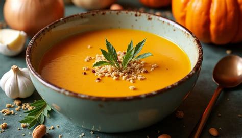 Un bol de velouté de potimarron fumant déposé sur une table en bois rustique avec des herbes fraîches