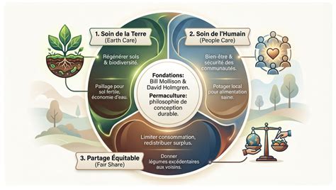 Schéma illustrant les trois piliers éthiques de la permaculture : prendre soin de la terre, prendre soin des humains, partager équitablement