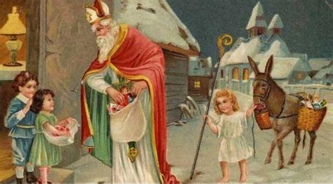 Illustration historique montrant Saint Nicolas distribuant des cadeaux par une ouverture de toit