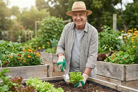 Un senior jardinant avec des outils ergonomiques dans un potager surélevé