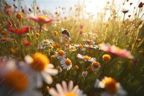 Prairie fleurie colorée avec des abeilles