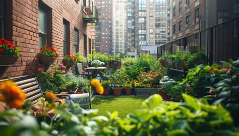 Vue panoramique d'un jardin urbain bien aménagé avec des plantes en pot et du mobilier d'extérieur