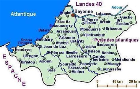 Carte du Pays Basque français mettant en évidence Biarritz, Bayonne, Anglet et Urt