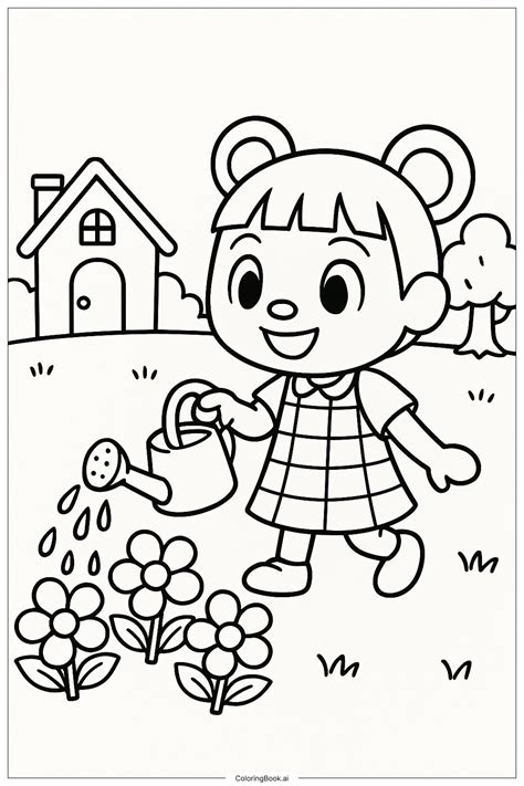 Illustration d'un personnage d'Animal Crossing New Horizons arrosant des fleurs
