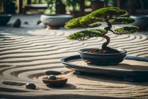 Un bonsaï exposé dans un jardin zen méditerranéen