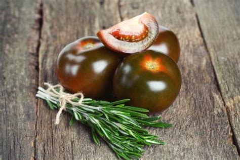Plan rapproché d'une grappe de tomates Kumato montrant le dégradé de couleur caractéristique du vert au brun-pourpre