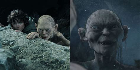Gollum affrontant Sam et Frodon sur un pont