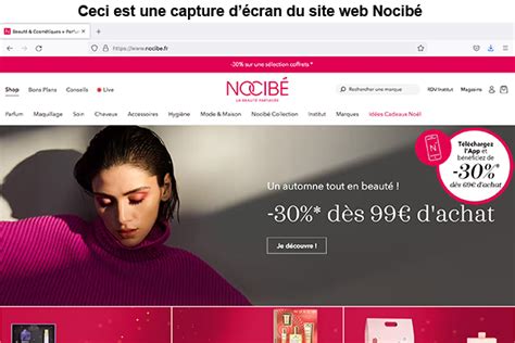Interface de navigation sur le site de Nocibé montrant les filtres de recherche