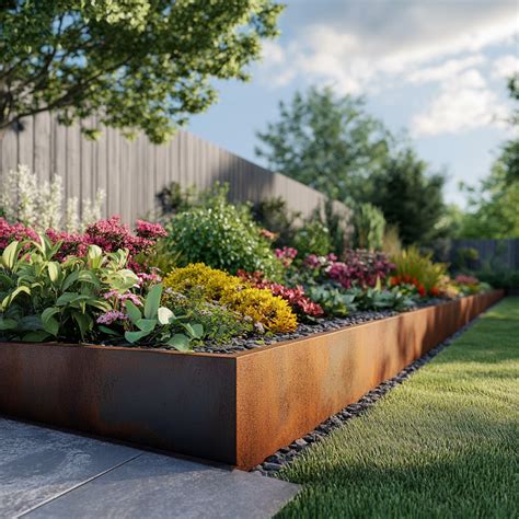Jardin moderne avec des bordures en acier définissant des parterres géométriques