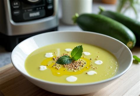 Photo d'un bol de soupe veloutée verte au fenouil et courgettes décoré de frondes