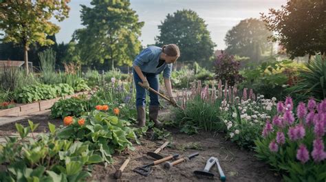 jardinier utilisant un outil de désherbage dans un jardin ensoleillé