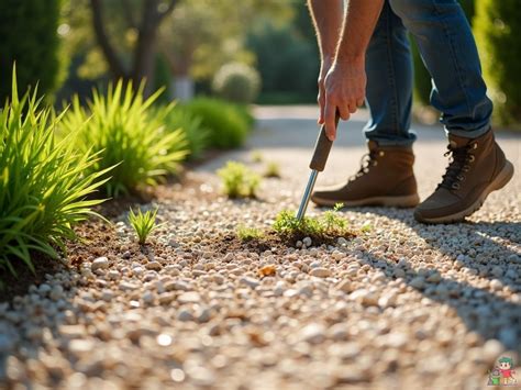 Jardinier désherbant une allée