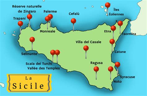 Carte de la Sicile mettant en évidence la zone de production viticole
