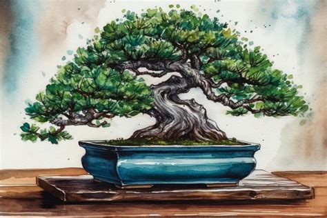 bonsaï sur table en bois avec pot bleu
