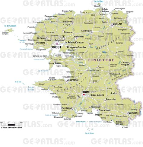 Carte du Finistère avec les principales villes concernées par les offres d'emploi en jardinage
