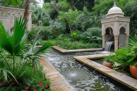 Islamic garden architecture with flowing water and lush greenery