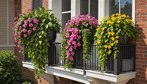 Jardinières suspendues avec des fleurs retombantes sur une pergola