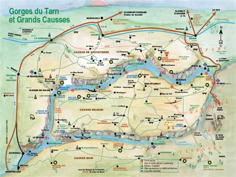 Carte des Gorges du Tarn avec indication des principaux sites d'escalade