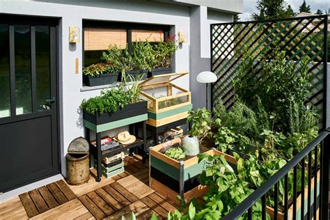 potager sur un balcon avec diverses jardinières