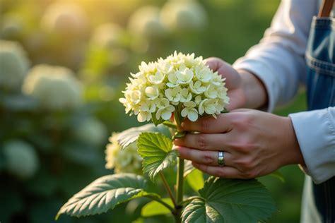 Jardinier inspectant la santé de son hortensia