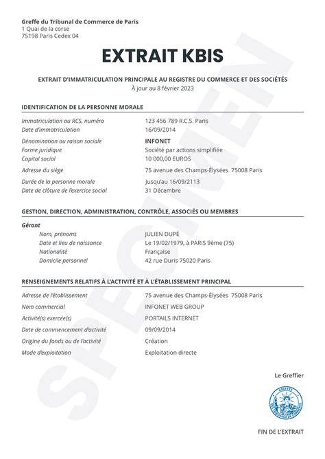Extrait Kbis ou RNE symbolisant l'identité légale d'une entreprise
