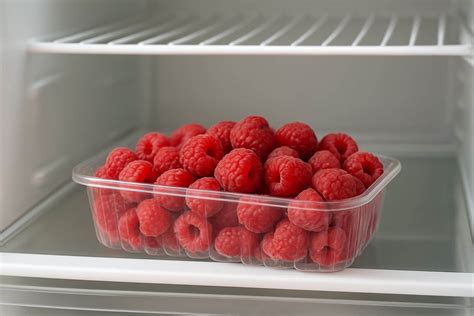 framboises décongelant au réfrigérateur dans une passoire