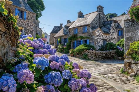 Hortensias bleus et agapanthes en bord de mer en Bretagne