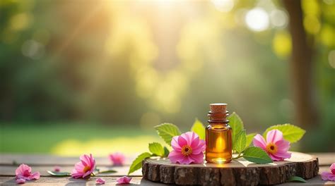 Bouteille d'huile essentielle de géranium rosat avec des fleurs de géranium