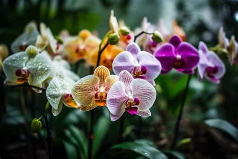 Collection d'orchidées de différentes couleurs dans des pots transparents