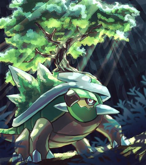 Un groupe de petits Pokémon habitant la carapace de Torterra