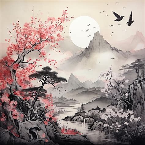 Peinture japonaise de pruniers en fleurs